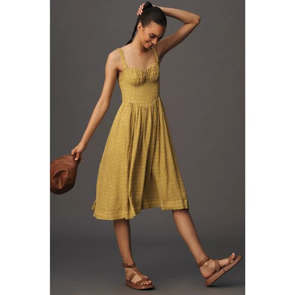 NWT Anthropologie Gold Yellow Smocked Midi Dress - XS Petite - Picture 3 of 7